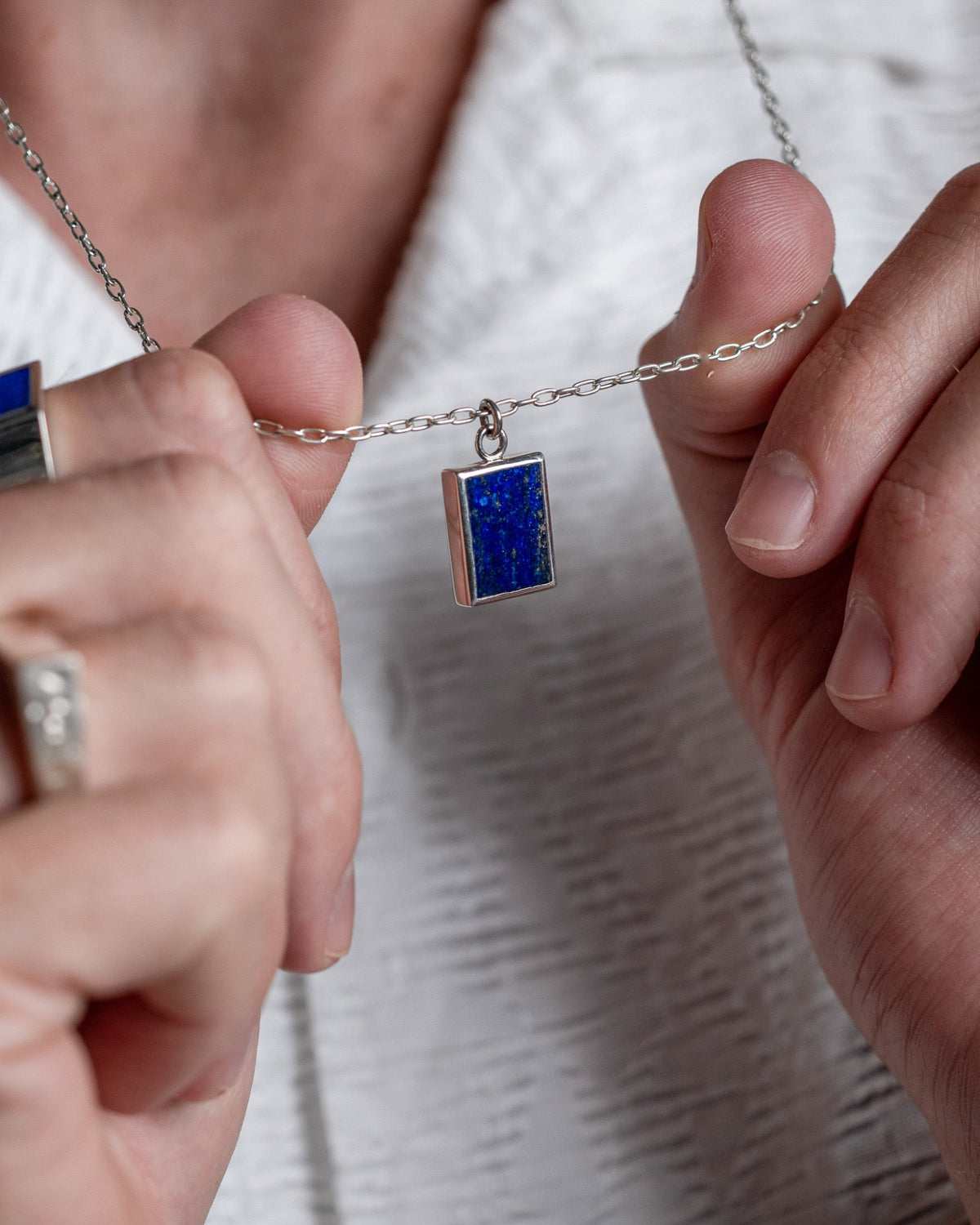 Close-up of the Lapis Lazuli Pendant featuring genuine lapis lazuli set in solid 925 sterling silver.