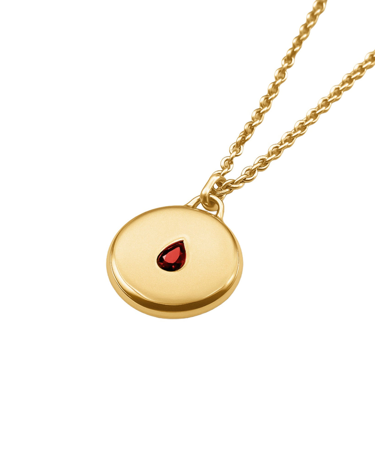 Teardrop Gold Pendant handcrafted from solid 925 sterling silver with a premium 3.5 micron 18K gold vermeil finish featuring a red garnet stone.